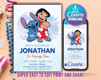 Plantilla de invitación de cumpleaños de Stitch Invitación de cumpleaños editable de Stitch Boys Invitación de cumpleaños de Stitch Lilo Plantilla de Canva de invitación de Stitch