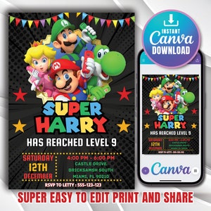 Mario Bros Invitation, Super Mario Birthday Invitation, Super Brothers boy Invite, Video Game, Kid Invite, Editable Template, Editable Canva