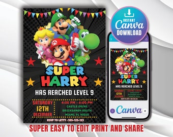 Invitación de Mario Bros, Invitación de cumpleaños de Super Mario, Invitación de niño Super Brothers, Videojuego, Invitación para niños, Plantilla editable, Canva editable