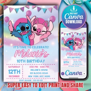Editable Stitch Birthday Invitation Template, Printable Birthday Party Invitations, Digital Kids Party Invite Template, Boys & Girls Invite