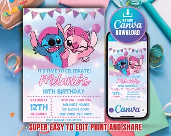 Plantilla de invitación de cumpleaños de Stitch editable, invitaciones de fiesta de cumpleaños imprimibles, plantilla de invitación a fiesta digital para niños, invitación para niños y niñas