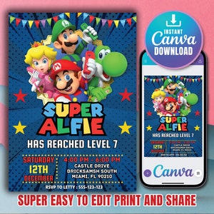 Super Mario Bros Invitation, Super Mario Birthday Invitation, Super Brothers boy Invite, Video Game, Kid Invite, Editable Template, Canva