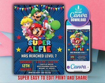 Invitación de Super Mario Bros, invitación de cumpleaños de Super Mario, invitación de niño de Super Brothers, videojuego, invitación para niños, plantilla editable, Canva