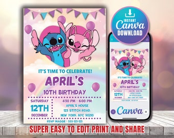 Plantilla de invitación de cumpleaños de Stitch editable, invitaciones de fiesta de cumpleaños imprimibles, plantilla de invitación a fiesta digital para niños, invitación para niños y niñas