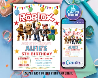 Invitación de cumpleaños de Roblox, fiesta de juegos de Roblox, invitación de Roblox, invitación de Roblox para niños, plantilla editable imprimible Canva, descarga instantánea