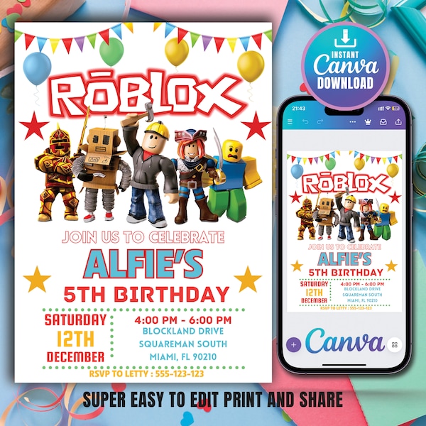 Roblox Birthday Invitation, Roblox Game Party, Roblox Invitation, Kids Roblox Invite, Printable Editable Template Canva, Instant Download