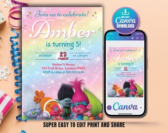 Invitación de cumpleaños imprimible, invitación de trolls editable, invitación de cumpleaños de niñas, invitación digital, plantilla de invitación de amapola, fiesta de trolls