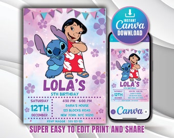 Plantilla de invitación de cumpleaños editable de Stitch, invitaciones de fiesta de cumpleaños imprimibles, invitación a fiesta digital para niños, invitación a tarjeta de cumpleaños digital