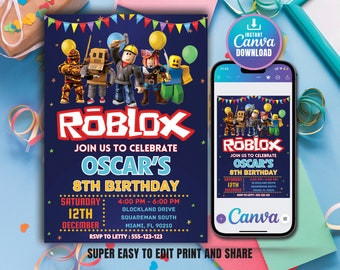 Invitación de cumpleaños de Roblox, fiesta de juegos de Roblox, invitación de Roblox, invitación de Roblox para niños, plantilla editable imprimible Canva, descarga instantánea