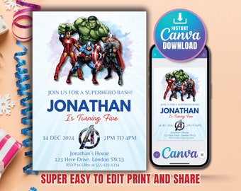 Invitación de cumpleaños de superhéroe / Invitación de cumpleaños de superhéroe / Invitación imprimible / Plantilla editable de fiesta de Vengadores / Descarga instantánea