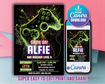 Invitación de cumpleaños de juegos, invitación de cumpleaños para niños niñas cumpleaños de juegos descarga instantánea plantilla Canva invitación fiesta invitación neón