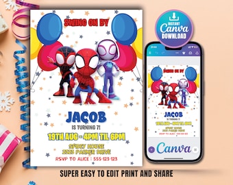 Invitación de Spidey Spidey y su increíble fiesta de cumpleaños de amigos invitan a niños niñas invitación de cumpleaños plantilla editable Descarga digital instantánea