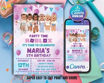 Invitación de Roblox, Invitación de Roblox, Fiesta de juegos, Plantilla de invitación de cumpleaños para chicas de Roblox, Chica Roblox, Chica gamer, Descarga editable de Canva
