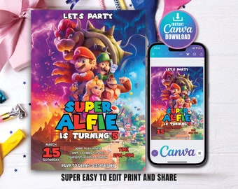 Invitación de cumpleaños editable de Super Mario / Invitación de fiesta de Super Mario / Invitación digital / Plantilla de Canva de invitación imprimible Descarga instantánea
