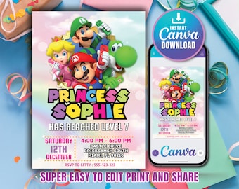 Invitación de cumpleaños de Super Mario, invitación de cumpleaños, invitación de Super Mario, plantilla de cumpleaños de invitación de Mario imprimible editable Canva