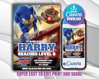 Sonic Birthday Invitation, Editable Sonic Birthday Invitation, Sonic the Hedgehog Movie Invite, Sonic Video Game Party, Tails Birthday Canva