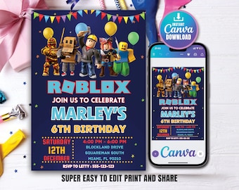 Invitación de cumpleaños de Roblox, fiesta de juegos de Roblox, invitación de Roblox, invitación de Roblox para niños, plantilla de Canva editable imprimible, descarga instantánea