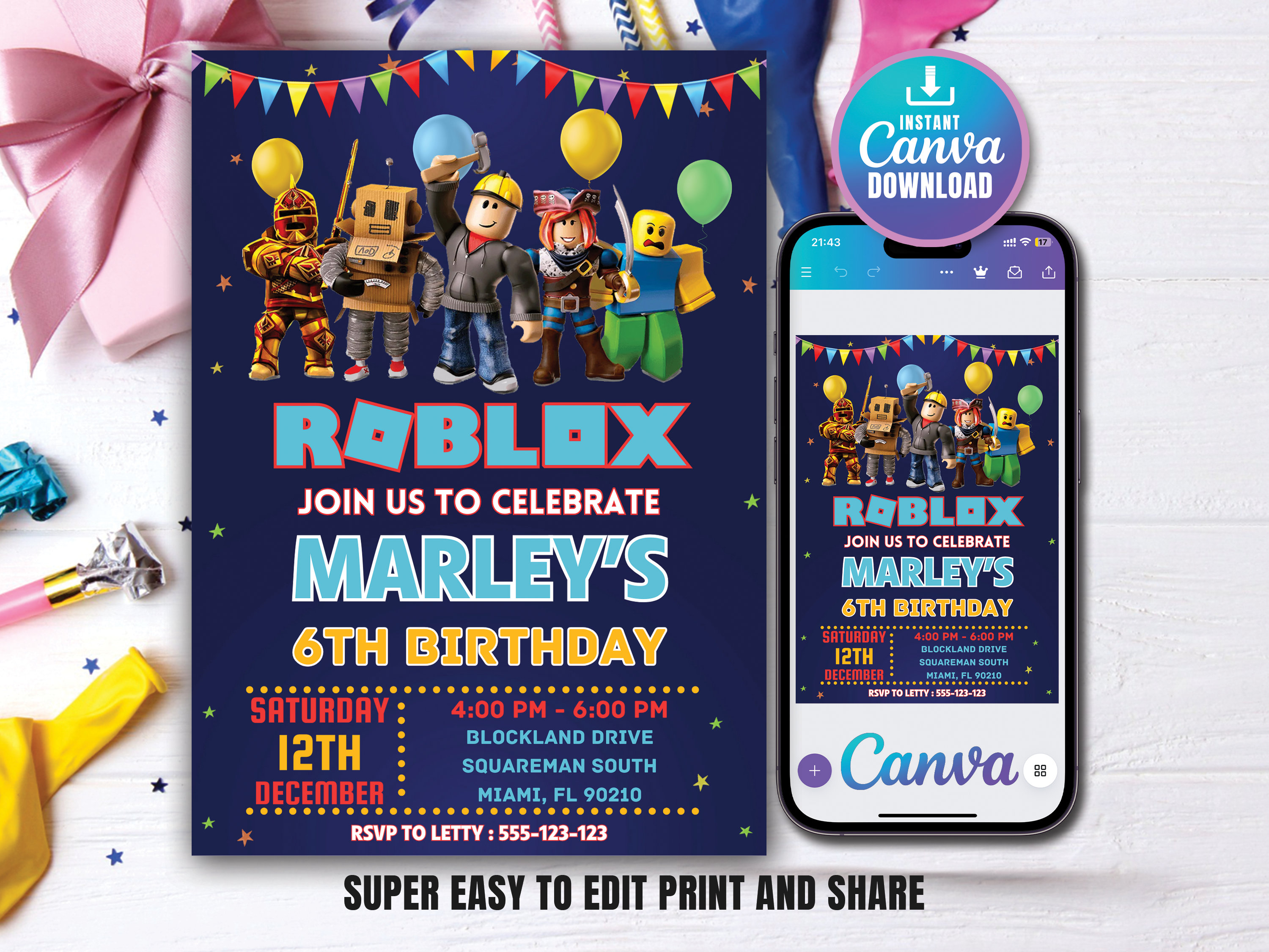 Roblox Birthday Invitation, Roblox Game Party, Roblox Invitation, Kids ...
