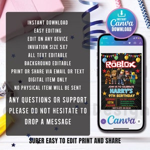 Puede incluir: Una invitaci&oacute;n digital para una fiesta de cumplea&ntilde;os con tem&aacute;tica de Roblox. La invitaci&oacute;n est&aacute; dise&ntilde;ada en Canva y presenta un fondo colorido con el logotipo y los personajes de Roblox. El texto de la invitaci&oacute;n dice "&Uacute;nete a nosotros para celebrar el cumplea&ntilde;os n&uacute;mero 9 de Harry".