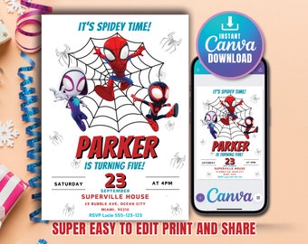 Spidey y sus increíbles amigos invitación de cumpleaños Invitación de Spidey Spiderman Superhéroe Party Boy Invitar Instant Digital TOTALMENTE EDITABLE