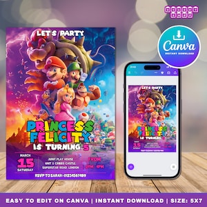 Convite de aniversário do Super Mario, Convite de aniversário, Convite do Super Mario, Modelo de convite de aniversário editável e imprimível do Mario Canva