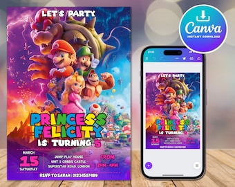 Super Mario verjaardagsuitnodiging, verjaardagsuitnodiging, Super Mario uitnodiging, bewerkbare afdrukbare Mario uitnodiging verjaardag sjabloon Canva