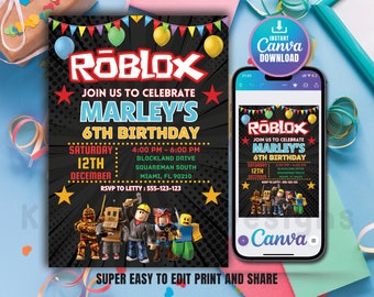 Roblox Invitation, Roblox Invite, Game Party, Roblox Boy Birthday Invitation Template, Game Birthday, Kids Roblox, Editable Template, Canva