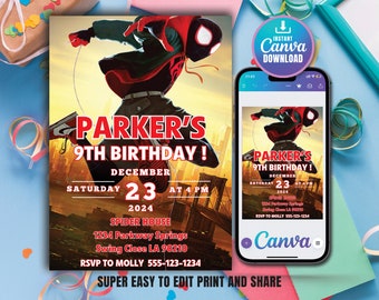 SpiderMan Across In Spider-Verse Invitación de cumpleaños Spiderman Película Invitación Spider Man Invitar Miles EDITABLE Canva Tema Digital Instantáneo