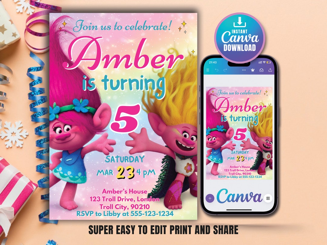 Printable Birthday Invitation, Editable Trolls Invite, Girls Birthday ...