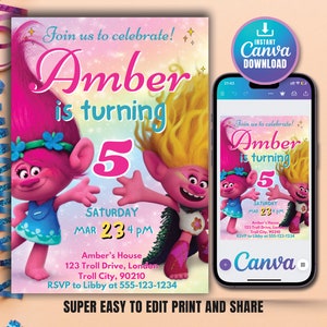 Op de afbeelding: Een roze en gele verjaardagsuitnodiging met twee cartoon-trollen. De uitnodiging luidt: "Doe mee met het feest! Amber wordt 5. Zaterdag 23 maart 16:00 uur. Bij Amber's House, 123 Troll Drive, Londen, Troll City, 90210. RSVP naar Libby op 555-123-1234."