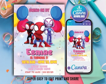 Spidey Invitation Spidey and his Amazing Friends Birthday Party Invite Gwen Girls Birthday Invite Editable Template Instant Digital Download