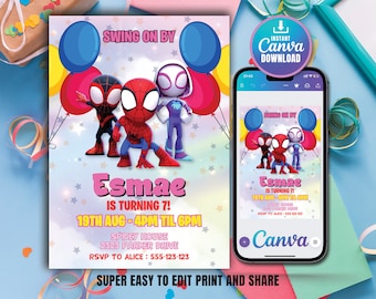 Invitation Spidey Spidey et ses amis incroyables Invitation à une fête d'anniversaire Gwen Girls Invitation d'anniversaire Modèle modifiable Téléchargement numérique instantané