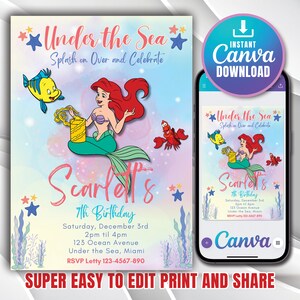 Mermaid Birthday Invitation, Princess Birthday Party Invites, Little Mermaid Birthday Invitation, Ariel Birthday Party Invite, Evite, Canva