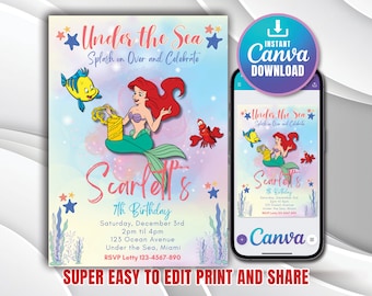 Invitación de cumpleaños de sirena, invitaciones a fiesta de cumpleaños de princesa, invitación de cumpleaños de sirenita, invitación a fiesta de cumpleaños de Ariel, Evite, Canva
