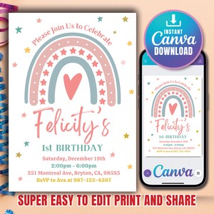 Rainbow Birthday Invitation for Girls, Modern/Boho Pastel With Stars 1st 2nd 3rd Editable and Printable Template for Canva Digital Download