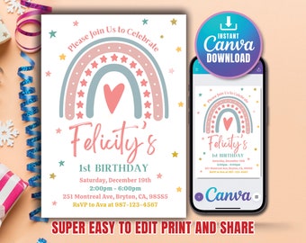 Invitación de cumpleaños arco iris para niñas, pastel moderno/boho con estrellas 1.a 2.a 3.a plantilla editable e imprimible para descarga digital de Canva