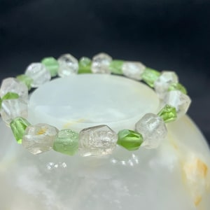 Peridot & Quartz Bracelet – Raw Natural Crystal Beads from Pakistan – Healing Energy and Clarity Stone