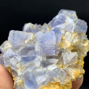 May include: A close-up of a cluster of blue fluorite crystals. The crystals have a cubic structure and are a pale blue color. The base of the cluster is a light brown color.