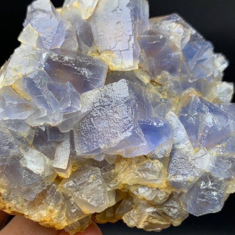 May include: A cluster of blue and clear fluorite crystals. The crystals have a cubic structure and are arranged in a layered formation. The fluorite has a translucent quality, with some areas appearing more opaque. The base of the cluster has a yellowish-brown hue.