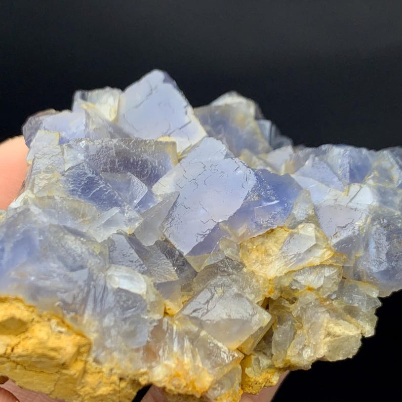 May include: A close-up of a cluster of blue fluorite crystals. The crystals have a cubic structure and are translucent, with a pale blue hue. The base of the cluster is a light brown color, and the background is black.