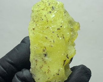 May include: A rough-cut, pale yellow sulfur crystal with a textured surface. The mineral has dark brown and white speckles throughout. The crystal is held by a gloved hand against a neutral background.