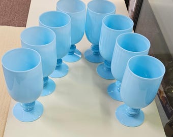 Set of 8 Portieux Vallerysthal blue opaline water goblets