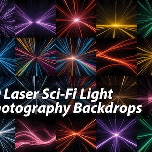 Puede incluir: 20 fondos digitales con efectos de luz láser de colores. Los fondos son oscuros con líneas de luz brillantes e incandescentes que irradian hacia afuera desde un punto central. Los efectos de luz son de varios colores, incluyendo morado, rojo, naranja, amarillo, verde, azul y blanco.