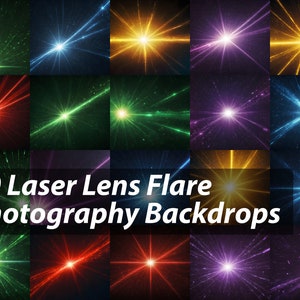 Op de afbeelding: 20 verschillende laserlens flare fotografie achtergronden. De achtergronden bevatten een verscheidenheid aan kleuren, waaronder rood, groen, blauw, geel en paars. De achtergronden zijn perfect om een vleugje drama en opwinding aan je foto's toe te voegen.