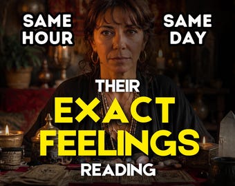 May include: A person with dark hair wearing gold hoop earrings and layered necklaces sits behind a table with tarot cards, candles, and crystals. The text reads SAME HOUR, SAME DAY, THEIR EXACT FEELINGS READING in white and yellow lettering.