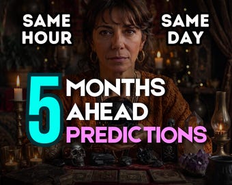 Puede incluir: Una persona de cabello oscuro con una blusa marrón, detrás de una mesa con cartas de tarot, una bola de cristal, una calavera, cristales y velas encendidas. Texto: SAME HOUR, SAME DAY, 5 MONTHS AHEAD PREDICTIONS en blanco, cian y rosa.