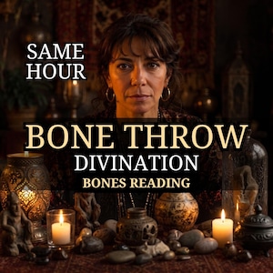 Peut inclure: Une personne est assise derrière une table avec des bougies, des petites figurines sculptées et des pierres. Le texte indique : SAME HOUR, BONE THROW DIVINATION, BONES READING. La scène est faiblement éclairée par des bougies et des lampes.