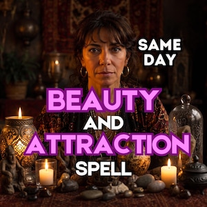 Può includere: Una persona con capelli scuri e orecchini a cerchio dorati siede dietro un tavolo con candele e pietre. Il testo recita SAME DAY BEAUTY AND ATTRACTION SPELL. La scena include una lampada decorata accesa, una campana di vetro e varie pietre scure.