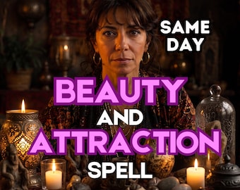 Puede incluir: Una persona de cabello oscuro con aros dorados se sienta detrás de una mesa con velas y piedras. El texto dice SAME DAY BEAUTY AND ATTRACTION SPELL. La escena incluye una lámpara ornamentada encendida, una cúpula de cristal y varias piedras pequeñas.