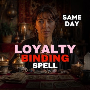 May include: A person with dark hair wearing layered necklaces, positioned behind a table with tarot cards, candles, and crystals. The text reads SAME DAY LOYALTY BINDING SPELL. The scene is dimly lit with various decorative objects in the background.